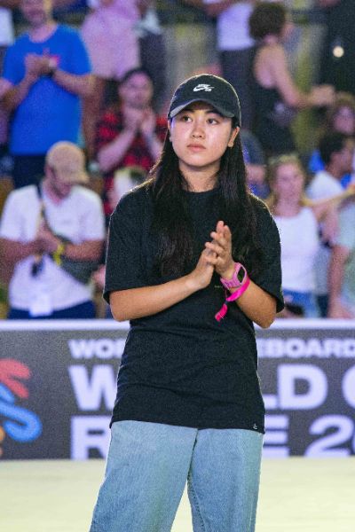 Funa NAKAYAMA (JPN), skater, at the medal ceremony for the Final Stage of the Skateboarding World Cup 2025