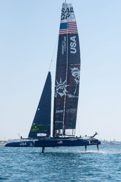 Taranto, Italy JUNE 06 2021: Fleet race in the "Mar Grande di Taranto" at the SailGP World Sailing Championship, Italy Sail Grand Prix