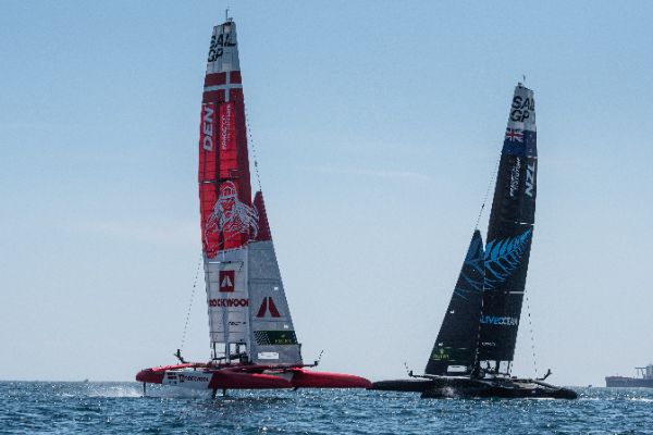 Taranto, Italy JUNE 06 2021: Fleet race in the "Mar Grande di Taranto" at the SailGP World Sailing Championship, Italy Sail Grand Prix
