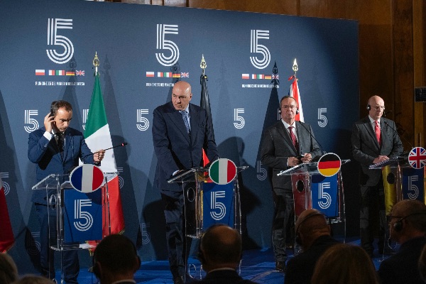 French Minister of the Armed Forces Sebastien Lecornu, Italian Minister of Defence Guido Crosetto, German Minister of Defence Boris Pistorius and British Defence Secretary John Healey