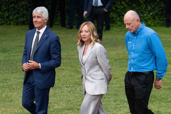 Rome, Italy MAY 26 2025: Andrea Abodi, Italian Sport Minister, Giorgia Meloni PM of Italy and Grant Dalton, CEO of the America’s Cup at the press event for the Naples 38th America’s Cup