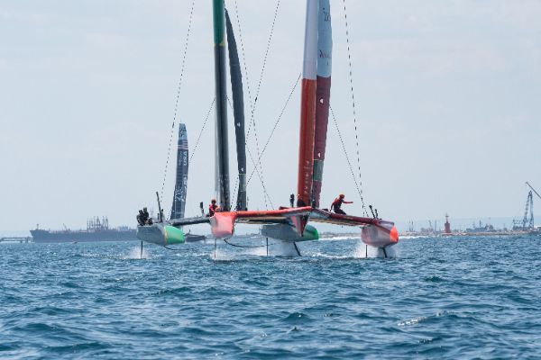 Taranto, Italy JUNE 06 2021: Fleet race in the "Mar Grande di Taranto" at the SailGP World Sailing Championship, Italy Sail Grand Prix