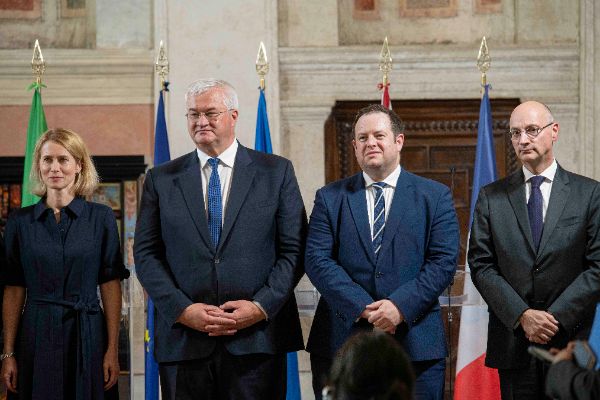 Kaja Kallas, Vice-President of the European Commission; Andrij Sybiha, Foreign Affairs Minister of Ukraine; Stephen Doughty, Minister of State of the United Kingdom for Europe and North America; Frederic Mondoloni, French Foreign Ministry's Director General of Political and Security Affairs at the “Weimar Plus" Ministerial meeting hosted by the Italian Government at Villa Madama.