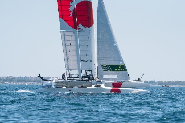 Taranto, Italy JUNE 06 2021: Fleet race in the "Mar Grande di Taranto" at the SailGP World Sailing Championship, Italy Sail Grand Prix