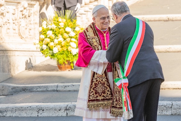 Rome, Italy MAY 25 2025: Pope Leo XIV, Robert Francis Prevost meets the Mayor of Rome Roberto Gualtieri to bless him and the city at the base of the stairs to the Campidoglio City Hall.