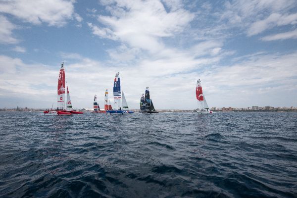 Taranto, Italy JUNE 06 2021: Fleet race in the "Mar Grande di Taranto" at the SailGP World Sailing Championship, Italy Sail Grand Prix