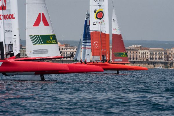Taranto, Italy JUNE 06 2021: Fleet race in the "Mar Grande di Taranto" at the SailGP World Sailing Championship, Italy Sail Grand Prix