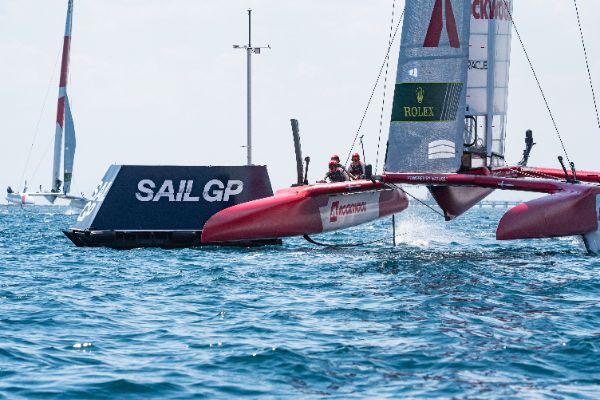 Taranto, Italy JUNE 06 2021: Fleet race in the "Mar Grande di Taranto" at the SailGP World Sailing Championship, Italy Sail Grand Prix