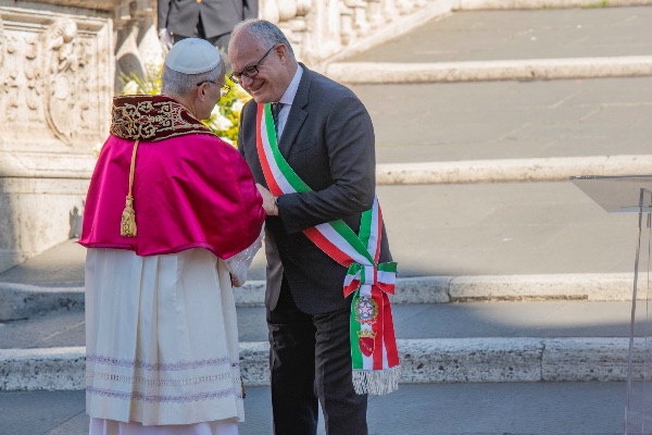 Rome, Italy MAY 25 2025: Pope Leo XIV, Robert Francis Prevost meets the Mayor of Rome Roberto Gualtieri to bless him and the city at the base of the stairs to the Campidoglio City Hall.