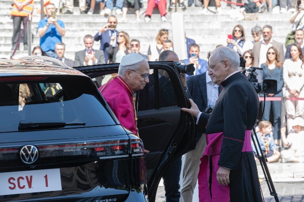 Rome, Italy MAY 25 2025: Pope Leo XIV, Robert Francis Prevost at the meeting with the Mayor of Rome at the base of the stairs to the Campidoglio City Hall.