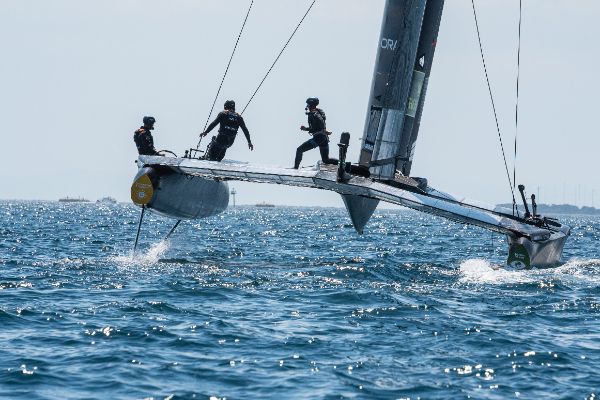 Taranto, Italy JUNE 06 2021: Fleet race in the "Mar Grande di Taranto" at the SailGP World Sailing Championship, Italy Sail Grand Prix
