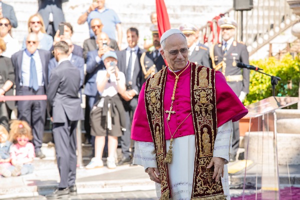 Rome, Italy MAY 25 2025: Pope Leo XIV, Robert Francis Prevost at the meeting with the Mayor of Rome at the base of the stairs to the Campidoglio City Hall.