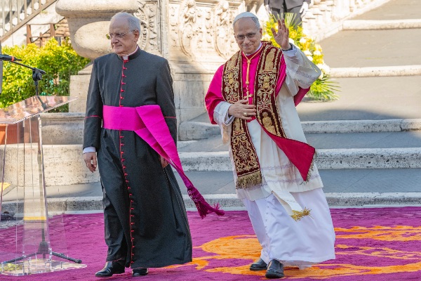 Rome, Italy MAY 25 2025: Pope Leo XIV, Robert Francis Prevost at the meeting with the Mayor of Rome at the base of the stairs to the Campidoglio City Hall.
