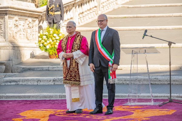 Rome, Italy MAY 25 2025: Pope Leo XIV, Robert Francis Prevost meets the Mayor of Rome Roberto Gualtieri to bless him and the city at the base of the stairs to the Campidoglio City Hall.