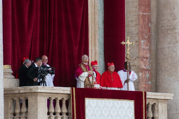 Newly elected Pope Leo XIV, Leone 14esimo, Robert Francis Prevost appears on St. Peter’s Basilica balcony after the Conclave vote