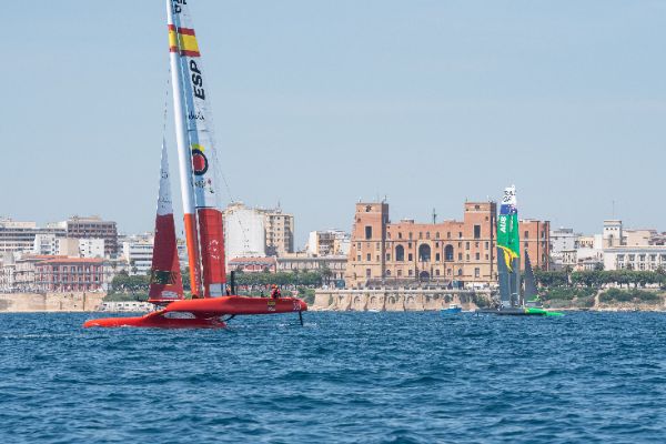 Taranto, Italy JUNE 06 2021: Fleet race in the "Mar Grande di Taranto" at the SailGP World Sailing Championship, Italy Sail Grand Prix