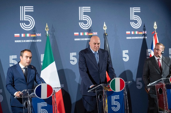French Minister of the Armed Forces Sebastien Lecornu, Italian Minister of Defence Guido Crosetto, German Minister of Defence Boris Pistorius