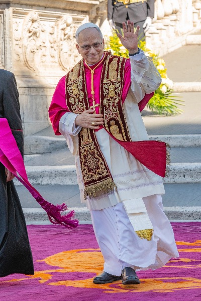 Rome, Italy MAY 25 2025: Pope Leo XIV, Robert Francis Prevost at the meeting with the Mayor of Rome at the base of the stairs to the Campidoglio City Hall.