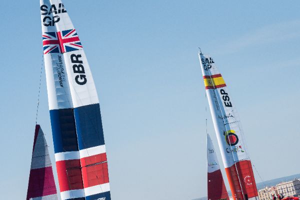 Taranto, Italy JUNE 06 2021: Fleet race in the "Mar Grande di Taranto" at the SailGP World Sailing Championship, Italy Sail Grand Prix