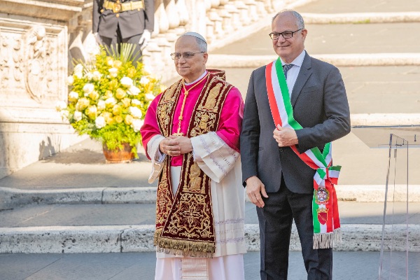 Rome, Italy MAY 25 2025: Pope Leo XIV, Robert Francis Prevost meets the Mayor of Rome Roberto Gualtieri to bless him and the city at the base of the stairs to the Campidoglio City Hall.