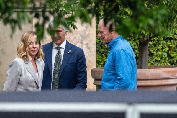 Rome, Italy MAY 26 2025: Andrea Abodi, Italian Sport Minister, Giorgia Meloni PM of Italy and Grant Dalton, CEO of the America’s Cup at the press event for the Naples 38th America’s Cup
