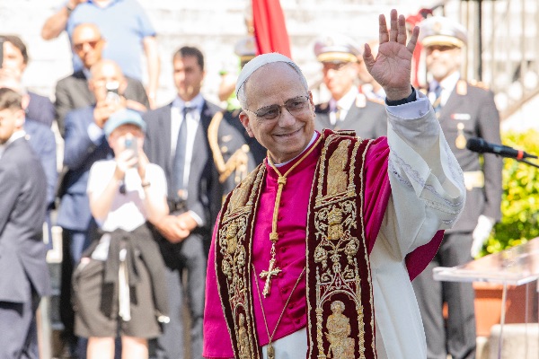 Rome, Italy MAY 25 2025: Pope Leo XIV, Robert Francis Prevost at the meeting with the Mayor of Rome at the base of the stairs to the Campidoglio City Hall.
