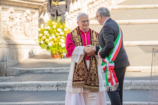 Rome, Italy MAY 25 2025: Pope Leo XIV, Robert Francis Prevost meets the Mayor of Rome Roberto Gualtieri to bless him and the city at the base of the stairs to the Campidoglio City Hall.