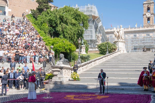 Rome, Italy MAY 25 2025: Pope Leo XIV, Robert Francis Prevost meets the Mayor of Rome Roberto Gualtieri to bless him and the city at the base of the stairs to the Campidoglio City Hall.
