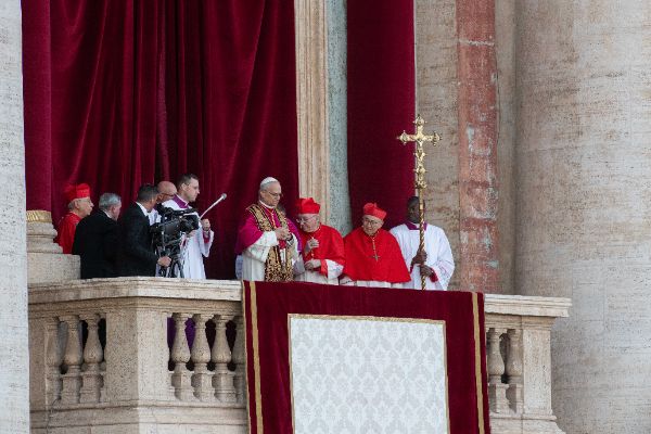 Newly elected Pope Leo XIV, Leone 14esimo, Robert Francis Prevost appears on St. Peter’s Basilica balcony after the Conclave vote
