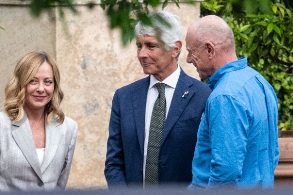 Rome, Italy MAY 26 2025: Andrea Abodi, Italian Sport Minister, Giorgia Meloni PM of Italy and Grant Dalton, CEO of the America’s Cup at the press event for the Naples 38th America’s Cup