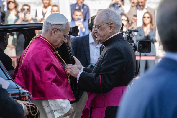 Rome, Italy MAY 25 2025: Pope Leo XIV, Robert Francis Prevost at the meeting with the Mayor of Rome at the base of the stairs to the Campidoglio City Hall.