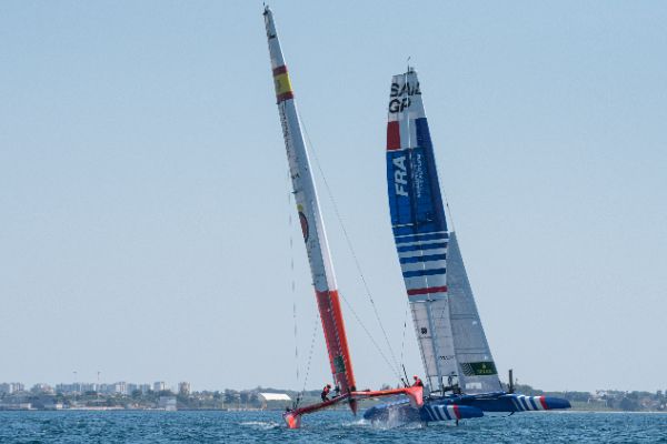 Taranto, Italy JUNE 06 2021: Fleet race in the "Mar Grande di Taranto" at the SailGP World Sailing Championship, Italy Sail Grand Prix