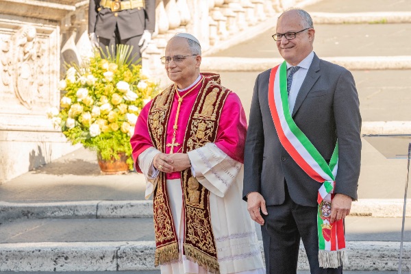 Rome, Italy MAY 25 2025: Pope Leo XIV, Robert Francis Prevost meets the Mayor of Rome Roberto Gualtieri to bless him and the city at the base of the stairs to the Campidoglio City Hall.
