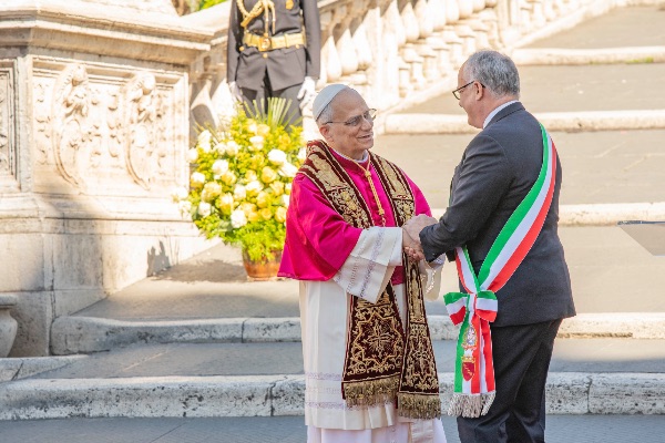 Rome, Italy MAY 25 2025: Pope Leo XIV, Robert Francis Prevost meets the Mayor of Rome Roberto Gualtieri to bless him and the city at the base of the stairs to the Campidoglio City Hall.