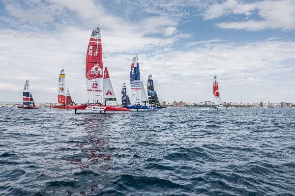 Taranto, Italy JUNE 06 2021: Fleet race in the "Mar Grande di Taranto" at the SailGP World Sailing Championship, Italy Sail Grand Prix