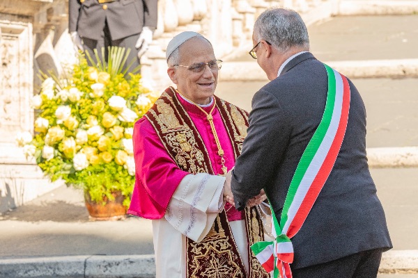 Rome, Italy MAY 25 2025: Pope Leo XIV, Robert Francis Prevost meets the Mayor of Rome Roberto Gualtieri to bless him and the city at the base of the stairs to the Campidoglio City Hall.