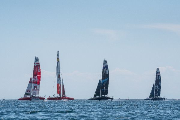 Taranto, Italy JUNE 06 2021: Fleet race in the "Mar Grande di Taranto" at the SailGP World Sailing Championship, Italy Sail Grand Prix