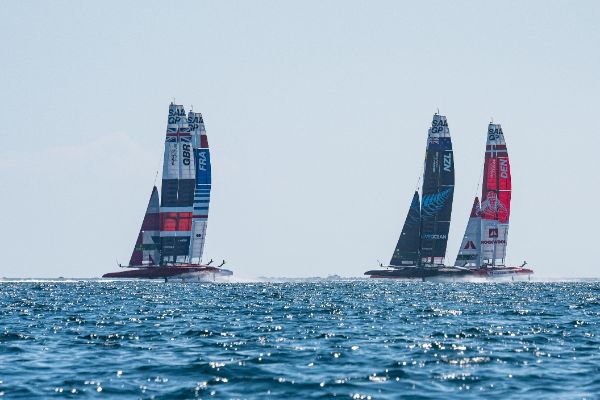 Taranto, Italy JUNE 06 2021: Fleet race in the "Mar Grande di Taranto" at the SailGP World Sailing Championship, Italy Sail Grand Prix