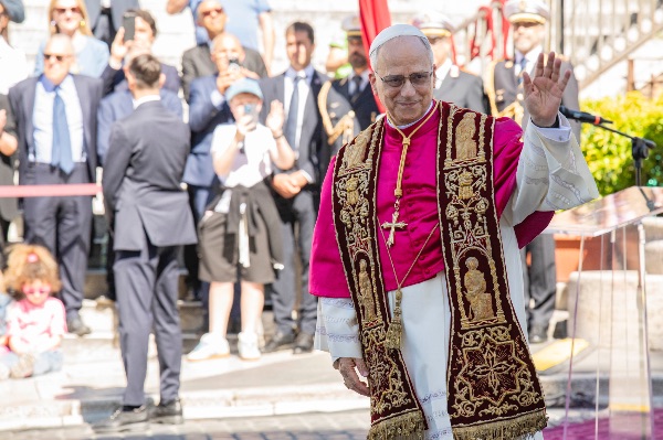Rome, Italy MAY 25 2025: Pope Leo XIV, Robert Francis Prevost at the meeting with the Mayor of Rome at the base of the stairs to the Campidoglio City Hall.