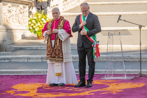 Rome, Italy MAY 25 2025: Pope Leo XIV, Robert Francis Prevost meets the Mayor of Rome Roberto Gualtieri to bless him and the city at the base of the stairs to the Campidoglio City Hall.