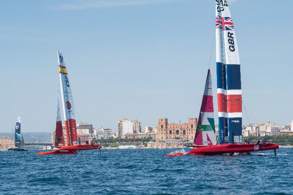 Taranto, Italy JUNE 06 2021: Fleet race in the "Mar Grande di Taranto" at the SailGP World Sailing Championship, Italy Sail Grand Prix