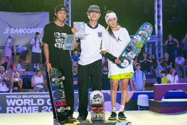 Toa SASAKI (JPN), Sora SHIRAI (JPN) and Ginwoo ONODERA (JPN), skaters, at the medal ceremony for the Final Stage of the Skateboarding World Cup 2025