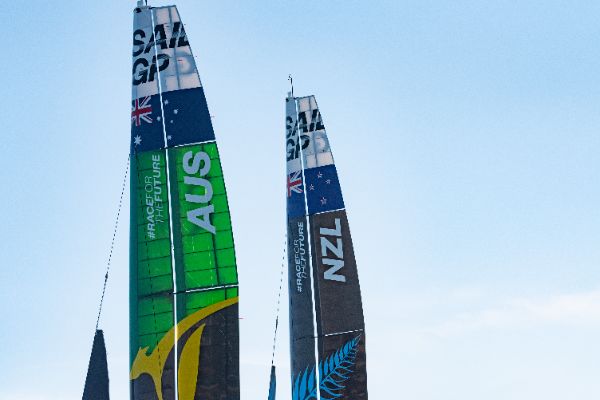 Taranto, Italy JUNE 06 2021: Fleet race in the "Mar Grande di Taranto" at the SailGP World Sailing Championship, Italy Sail Grand Prix