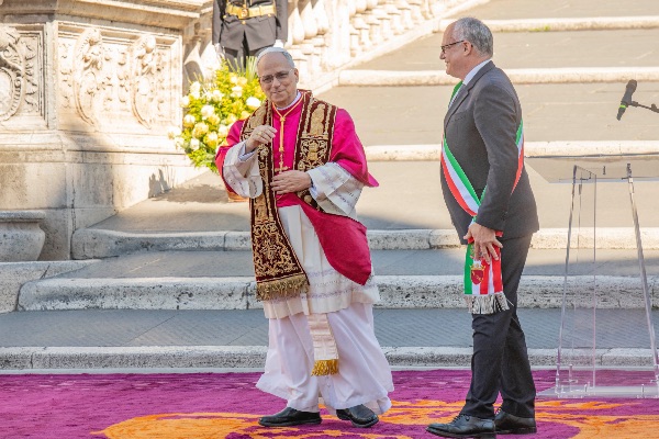 Rome, Italy MAY 25 2025: Pope Leo XIV, Robert Francis Prevost meets the Mayor of Rome Roberto Gualtieri to bless him and the city at the base of the stairs to the Campidoglio City Hall.
