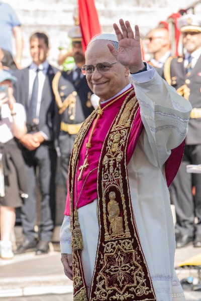 Rome, Italy MAY 25 2025: Pope Leo XIV, Robert Francis Prevost at the meeting with the Mayor of Rome at the base of the stairs to the Campidoglio City Hall.