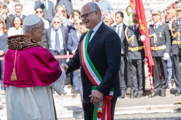 Rome, Italy MAY 25 2025: Pope Leo XIV, Robert Francis Prevost meets the Mayor of Rome Roberto Gualtieri to bless him and the city at the base of the stairs to the Campidoglio City Hall.