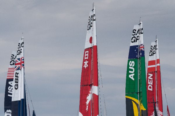 Taranto, Italy JUNE 06 2021: Fleet race in the "Mar Grande di Taranto" at the SailGP World Sailing Championship, Italy Sail Grand Prix
