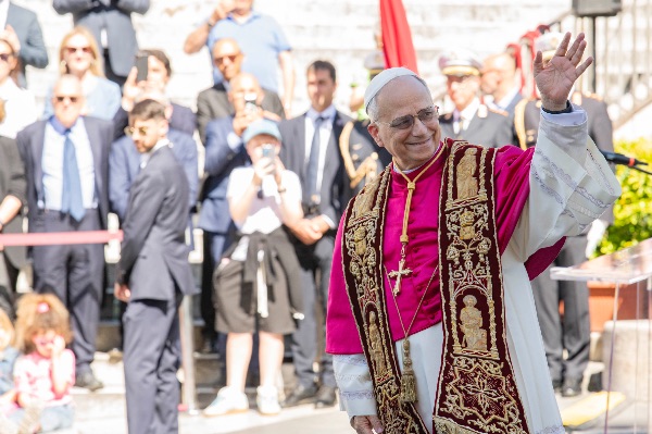 Rome, Italy MAY 25 2025: Pope Leo XIV, Robert Francis Prevost at the meeting with the Mayor of Rome at the base of the stairs to the Campidoglio City Hall.