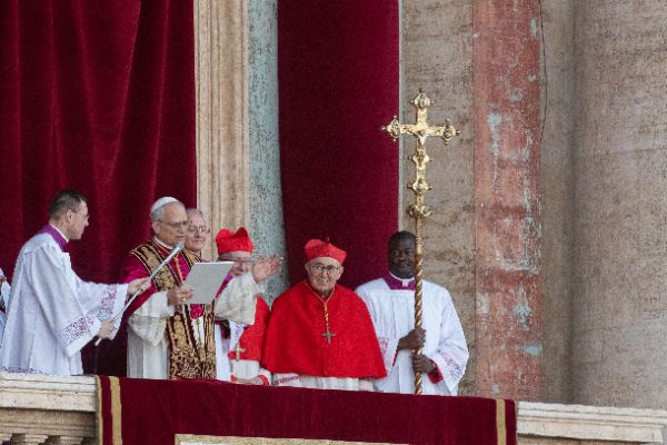 Newly elected Pope Leo XIV, Leone 14esimo, Robert Francis Prevost appears on St. Peter’s Basilica balcony after the Conclave vote