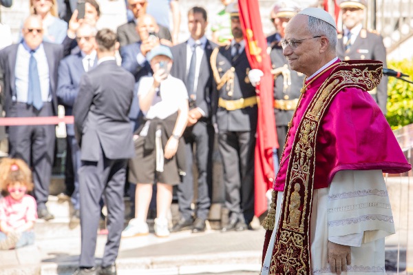 Rome, Italy MAY 25 2025: Pope Leo XIV, Robert Francis Prevost at the meeting with the Mayor of Rome at the base of the stairs to the Campidoglio City Hall.